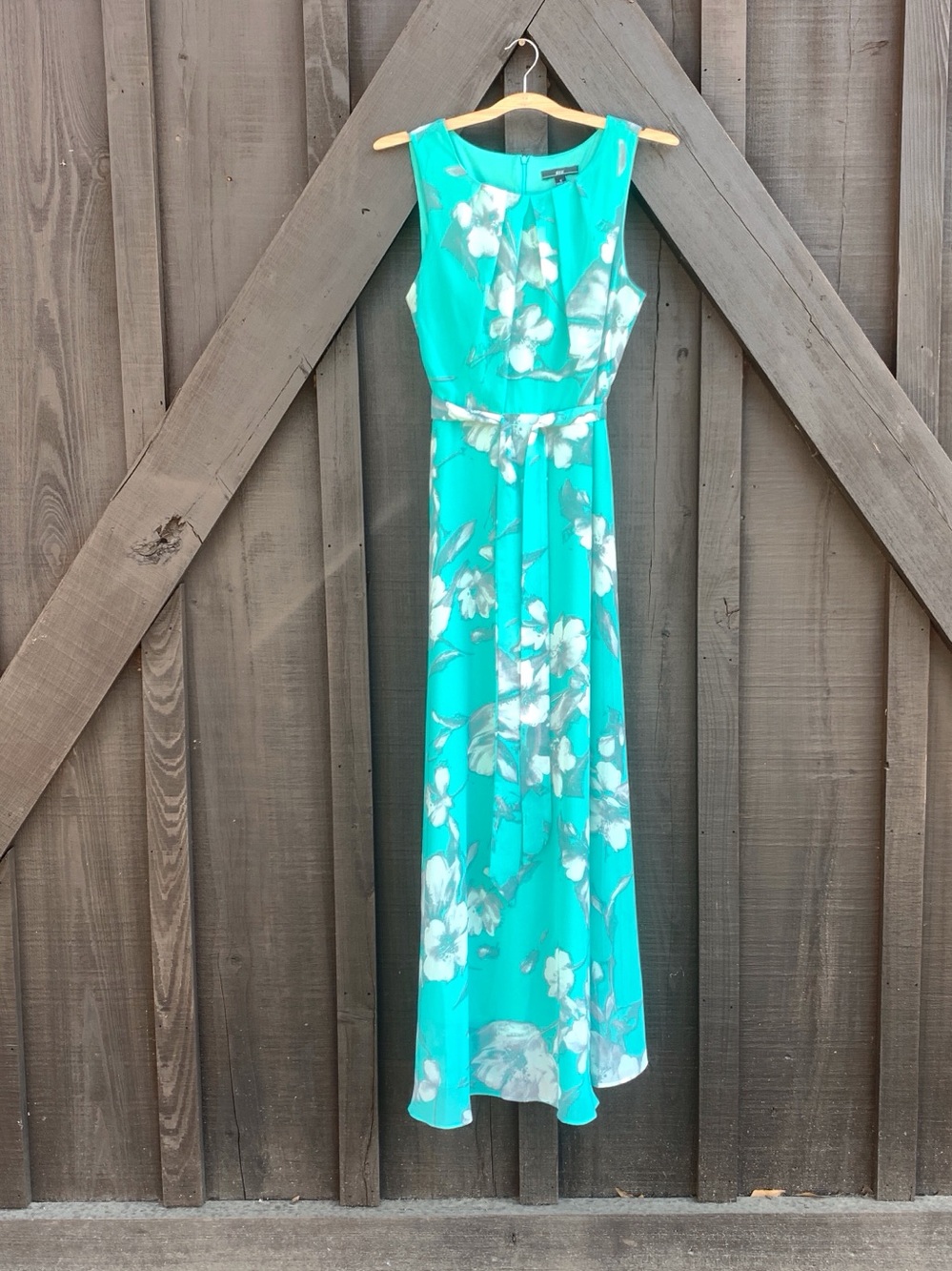 R&K Womens Size 6 Turquoise Floral Chiffon Maxi Dress Sleeveless Belted Lined